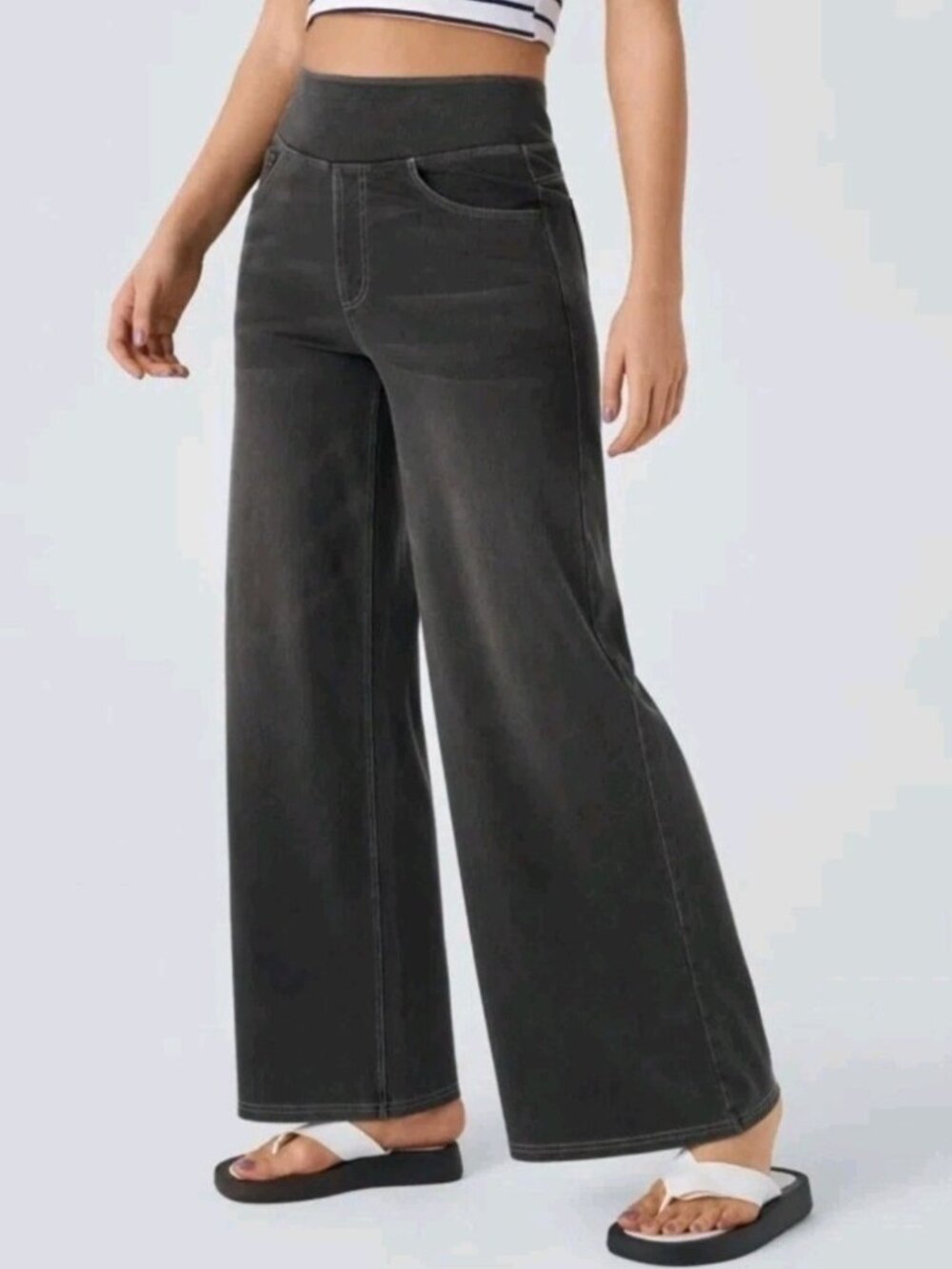 NWT Halara Small Flex High Waisted Pull On Baggy Wide Leg Jeans Womens Black 017